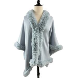 Tamsy Light Blue Ruana Shawl with Faux Fur Trim and Hook & Eye Closure, One Size